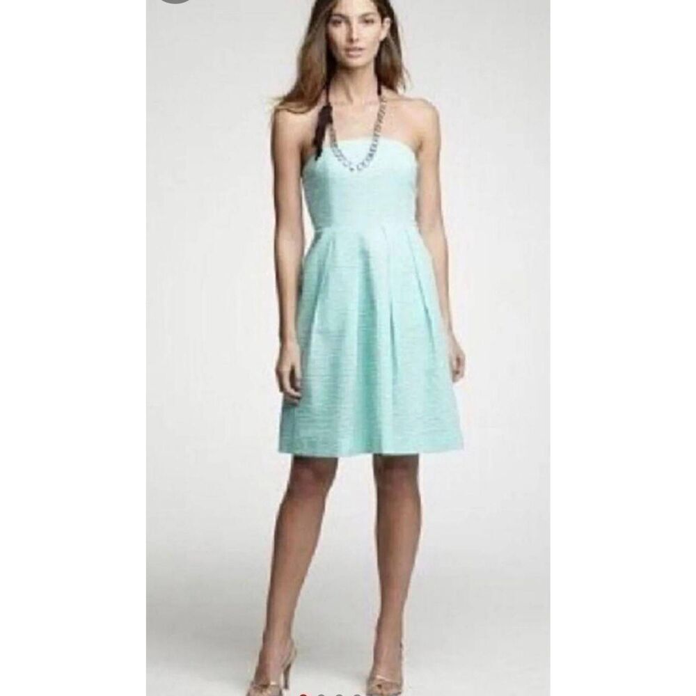 J Crew Lorelei Sz 0 Petite Green Strapless Cotton Dress Pockets Seersucker